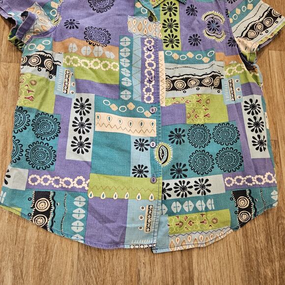Vtg Karen Scott Floral Patchwork Button Up Top Womens PM Boho Retro Groovy Linen - Picture 4 of 8